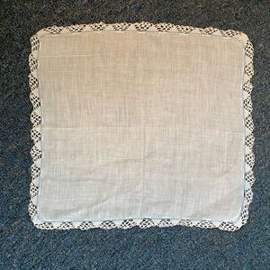 Vintage handkerchief with lace edging white & blue  12”x11”